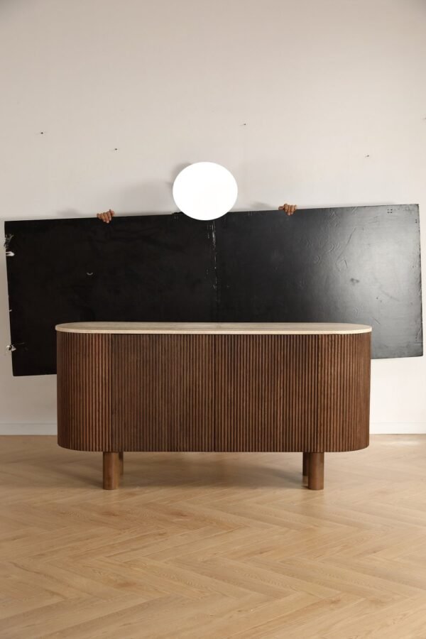 sideboard-close-up-detail Fluted Wood Sideboard with Travertine Oval Top, Wabi-Sabi Storage Cabinet, Solid Wood Legs Credenza for Living Room Entryway