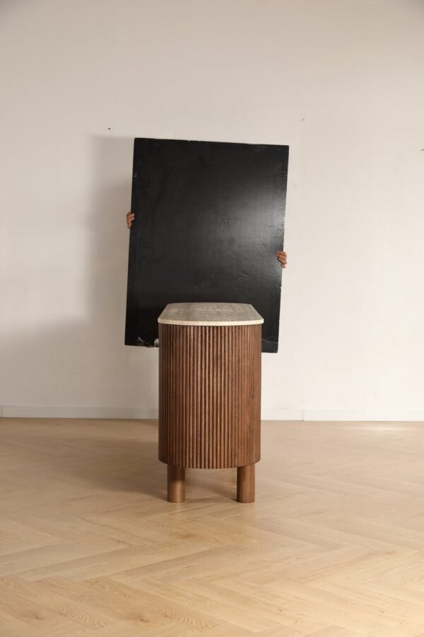 sideboard-material-Side view display Fluted Wood Sideboard with Travertine Oval Top, Wabi-Sabi Storage Cabinet, Solid Wood Legs Credenza for Living Room Entryway