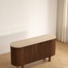 sideboard-outdoor-use Fluted Wood Sideboard with Travertine Oval Top, Wabi-Sabi Storage Cabinet, Solid Wood Legs Credenza for Living Room Entryway