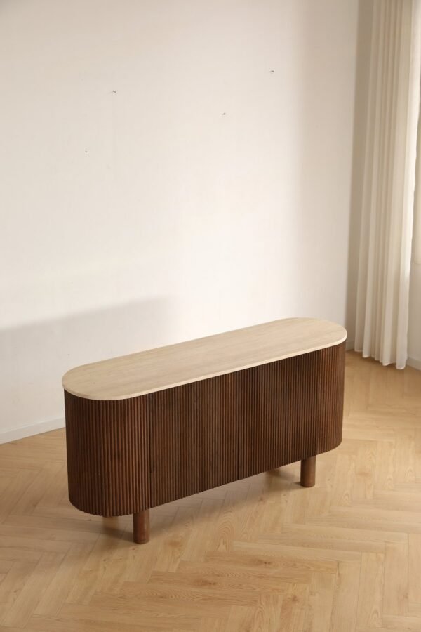 sideboard-outdoor-use Fluted Wood Sideboard with Travertine Oval Top, Wabi-Sabi Storage Cabinet, Solid Wood Legs Credenza for Living Room Entryway