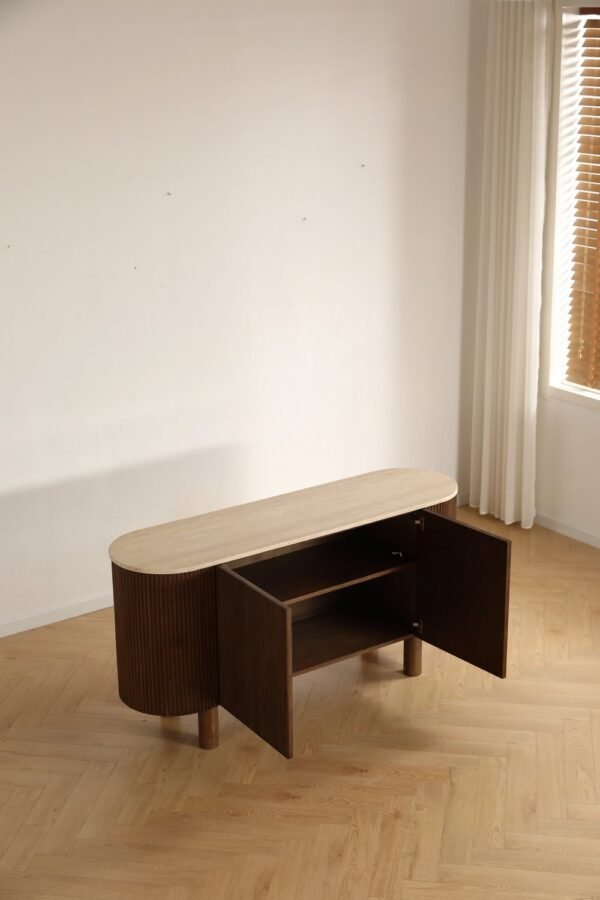 sideboard-product-display Fluted Wood Sideboard with Travertine Oval Top, Wabi-Sabi Storage Cabinet, Solid Wood Legs Credenza for Living Room Entryway