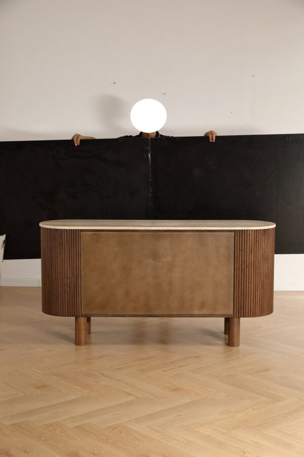 sideboard-production-line Fluted Wood Sideboard with Travertine Oval Top, Wabi-Sabi Storage Cabinet, Solid Wood Legs Credenza for Living Room Entryway