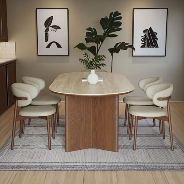 sintered-stone-two-leg-dining-installation Oval Travertine Stone Dining Table, Natural Stone Top Dinner Table with Solid Wood Base, Mid-Century Modern Dining Table for 6-8 People