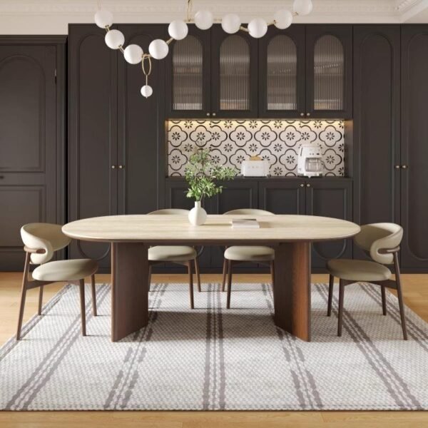 sintered-stone-two-leg-dining-main Oval Travertine Stone Dining Table, Natural Stone Top Dinner Table with Solid Wood Base, Mid-Century Modern Dining Table for 6-8 People