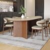 sintered-stone-two-leg-dining-outdoor-use Oval Travertine Stone Dining Table, Natural Stone Top Dinner Table with Solid Wood Base, Mid-Century Modern Dining Table for 6-8 People
