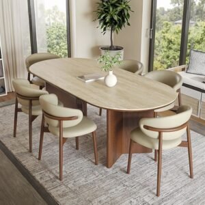 Oval Travertine Stone Dining Table, Natural Stone Top Dinner Table with Solid Wood Base, Mid-Century Modern Dining Table for 6-8 People