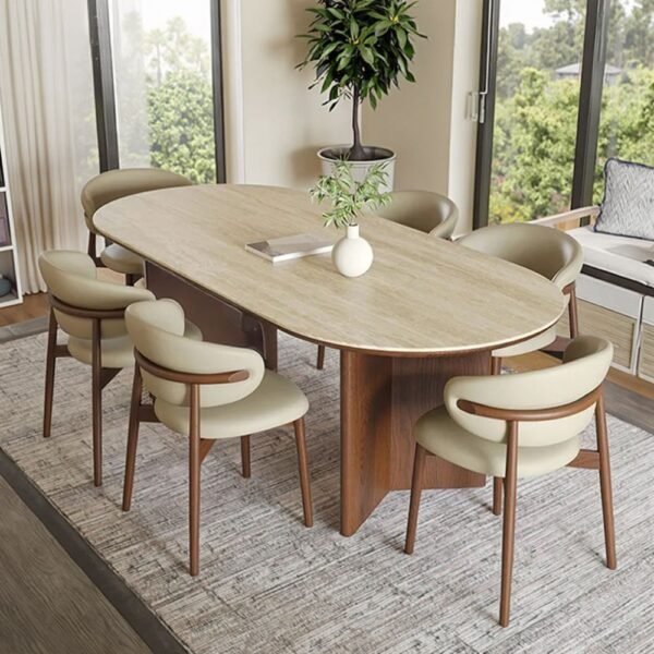 sintered-stone-two-leg-dining-size-reference Oval Travertine Stone Dining Table, Natural Stone Top Dinner Table with Solid Wood Base, Mid-Century Modern Dining Table for 6-8 People