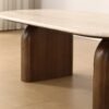 Mid Century Modern Beige Travertine Coffee Table, Organic Oval Stone Top Coffee Table with Thick Solid Wood Base for Minimalist Living Room