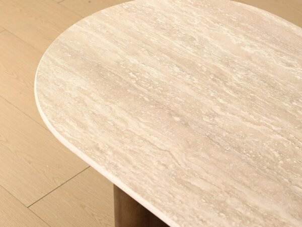 Mid Century Modern Beige Travertine Coffee Table, Organic Oval Stone Top Coffee Table with Thick Solid Wood Base for Minimalist Living Room