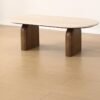 Mid Century Modern Beige Travertine Coffee Table, Organic Oval Stone Top Coffee Table with Thick Solid Wood Base for Minimalist Living Room