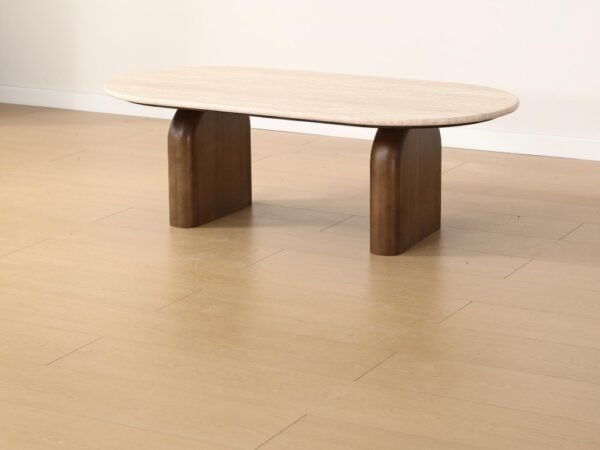 Mid Century Modern Beige Travertine Coffee Table, Organic Oval Stone Top Coffee Table with Thick Solid Wood Base for Minimalist Living Room