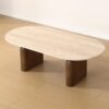 Mid Century Modern Beige Travertine Coffee Table, Organic Oval Stone Top Coffee Table with Thick Solid Wood Base for Minimalist Living Room