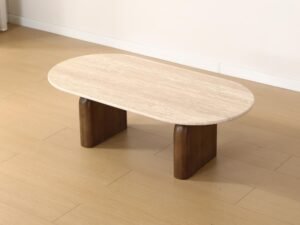 Mid Century Modern Beige Travertine Coffee Table, Organic Oval Stone Top Coffee Table with Thick Solid Wood Base for Minimalist Living Room