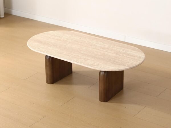 Mid Century Modern Beige Travertine Coffee Table, Organic Oval Stone Top Coffee Table with Thick Solid Wood Base for Minimalist Living Room