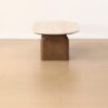 Mid Century Modern Beige Travertine Coffee Table, Organic Oval Stone Top Coffee Table with Thick Solid Wood Base for Minimalist Living Room