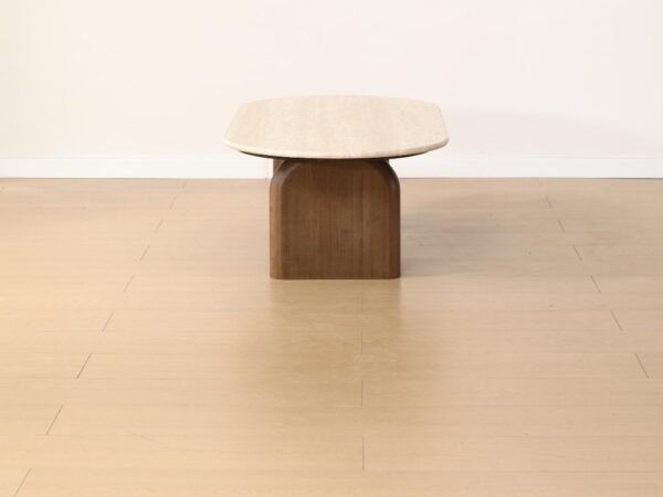 Mid Century Modern Beige Travertine Coffee Table, Organic Oval Stone Top Coffee Table with Thick Solid Wood Base for Minimalist Living Room