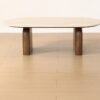 Mid Century Modern Beige Travertine Coffee Table, Organic Oval Stone Top Coffee Table with Thick Solid Wood Base for Minimalist Living Room
