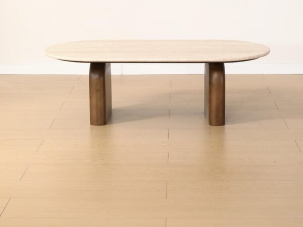 Mid Century Modern Beige Travertine Coffee Table, Organic Oval Stone Top Coffee Table with Thick Solid Wood Base for Minimalist Living Room
